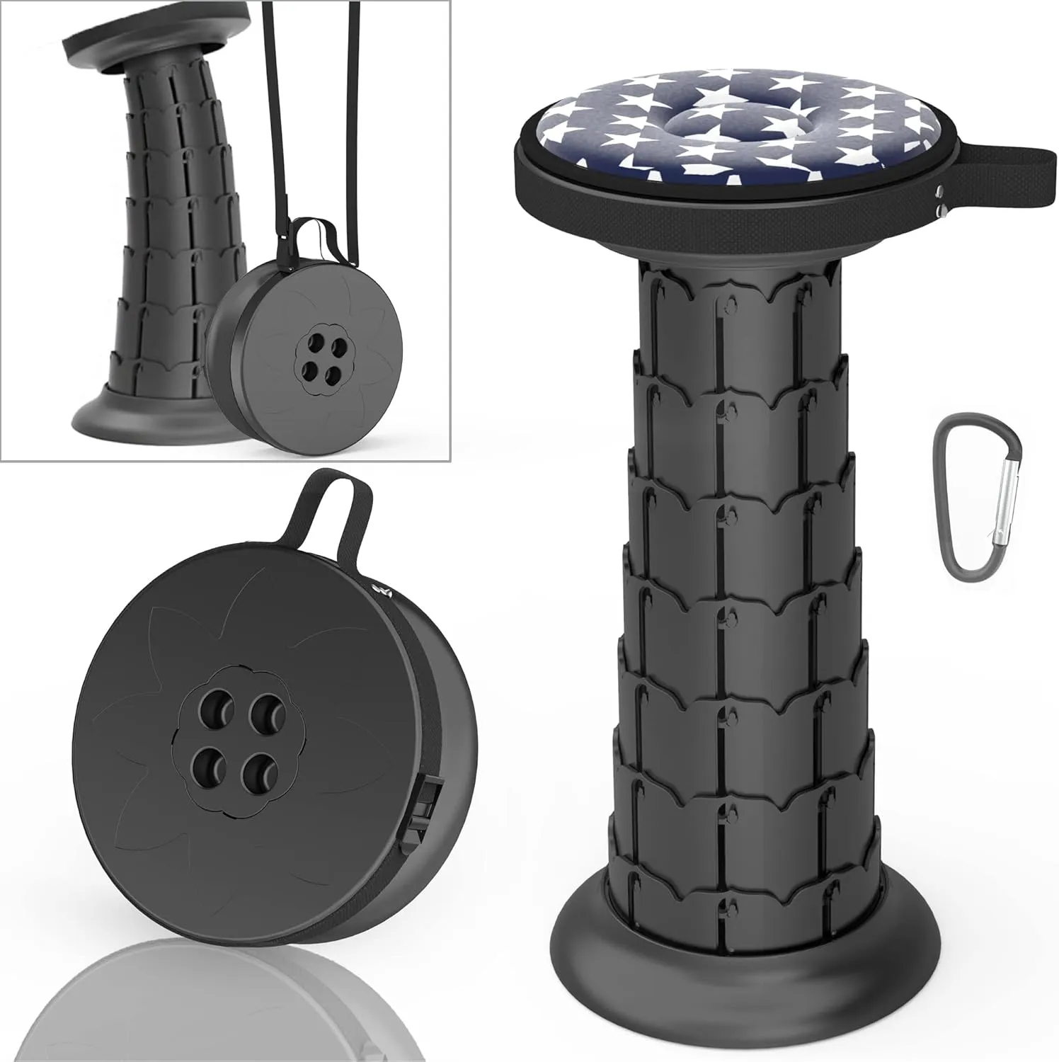 ALEVMOOM Upgraded Portable Retractable Folding Stool,Camping Telescoping Stools with Swivel Cushion,Collapsible Stool for Adults,Hold Up to 440Ib for Garden Travel with Carry Bag&Carabiner