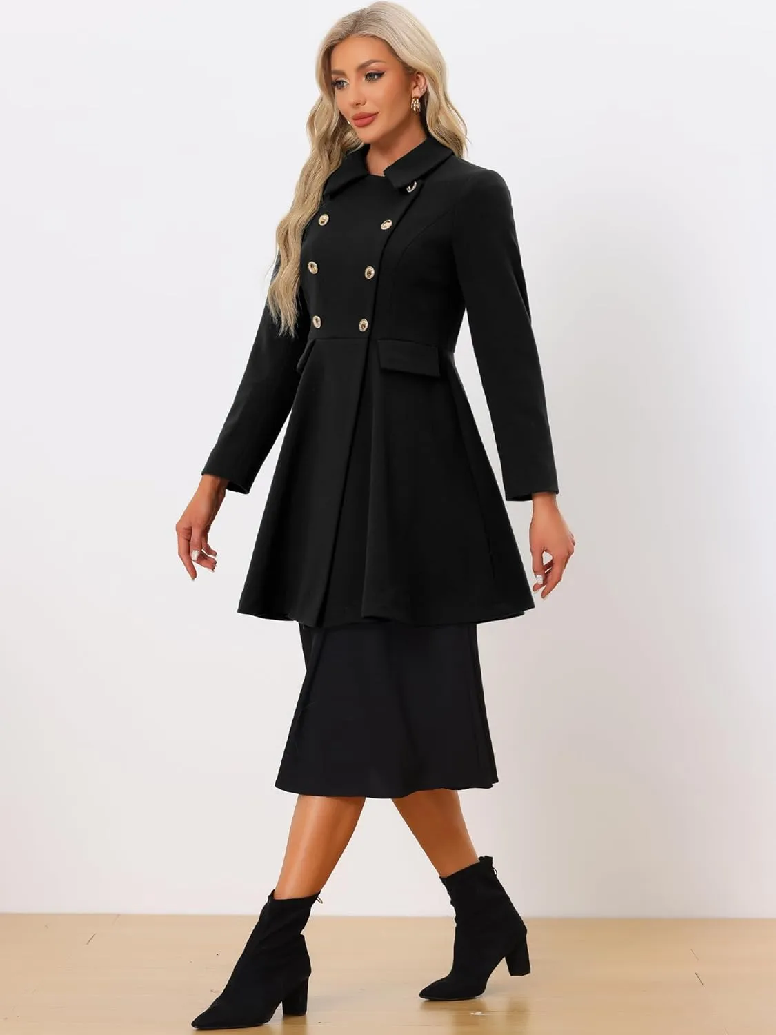 Allegra K Women's Turn Down Collar Double Breasted Trendy Outwear Swing Winter Pea Coat
