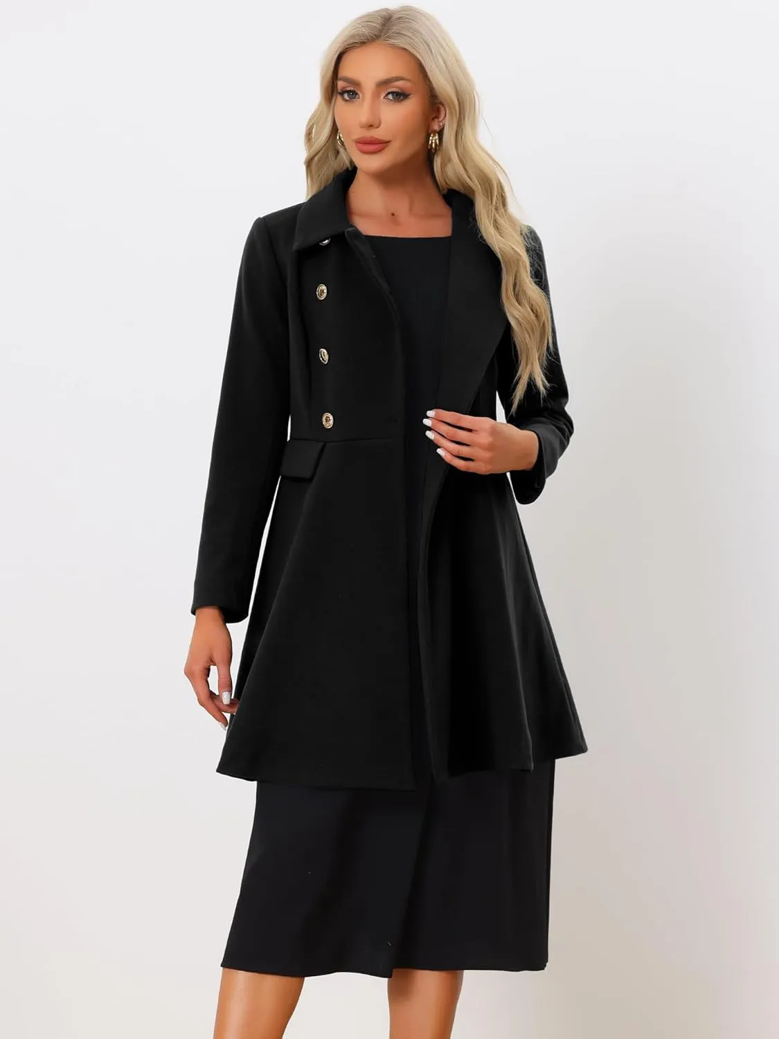 Allegra K Women's Turn Down Collar Double Breasted Trendy Outwear Swing Winter Pea Coat