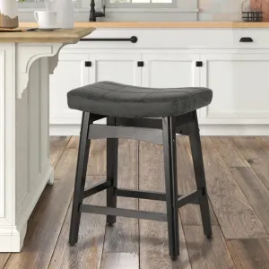 ALPHA HOME Bar Stool, Solid Wood Saddle Kitchen Stool with Black PU Leather Cushion Counter Height Barstool with Wooden Base for Kitchen Dining Cafe, 24 Inch, Black, 1PC…