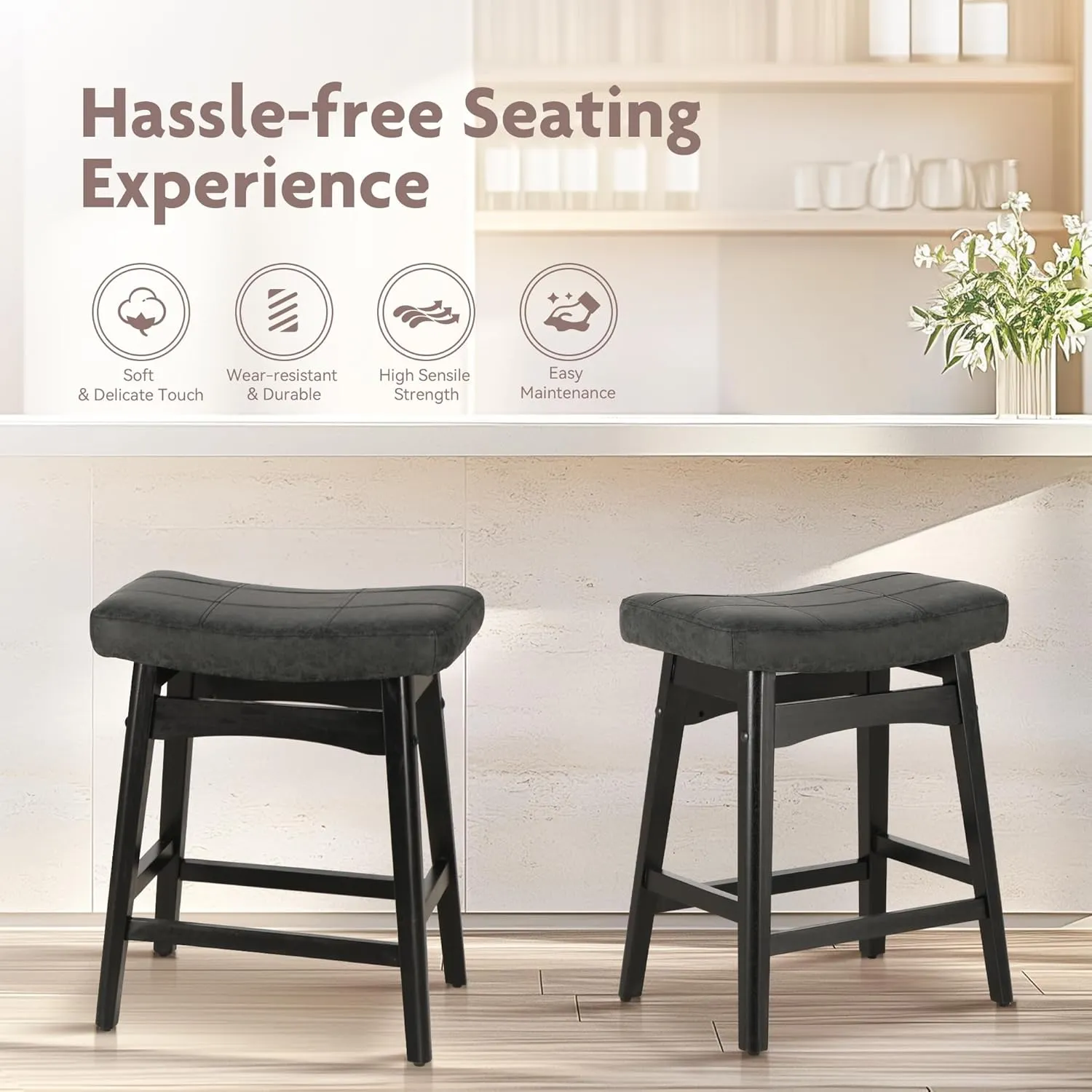 ALPHA HOME Bar Stool, Solid Wood Saddle Kitchen Stool with Black PU Leather Cushion Counter Height Barstool with Wooden Base for Kitchen Dining Cafe, 24 Inch, Black, 1PC…
