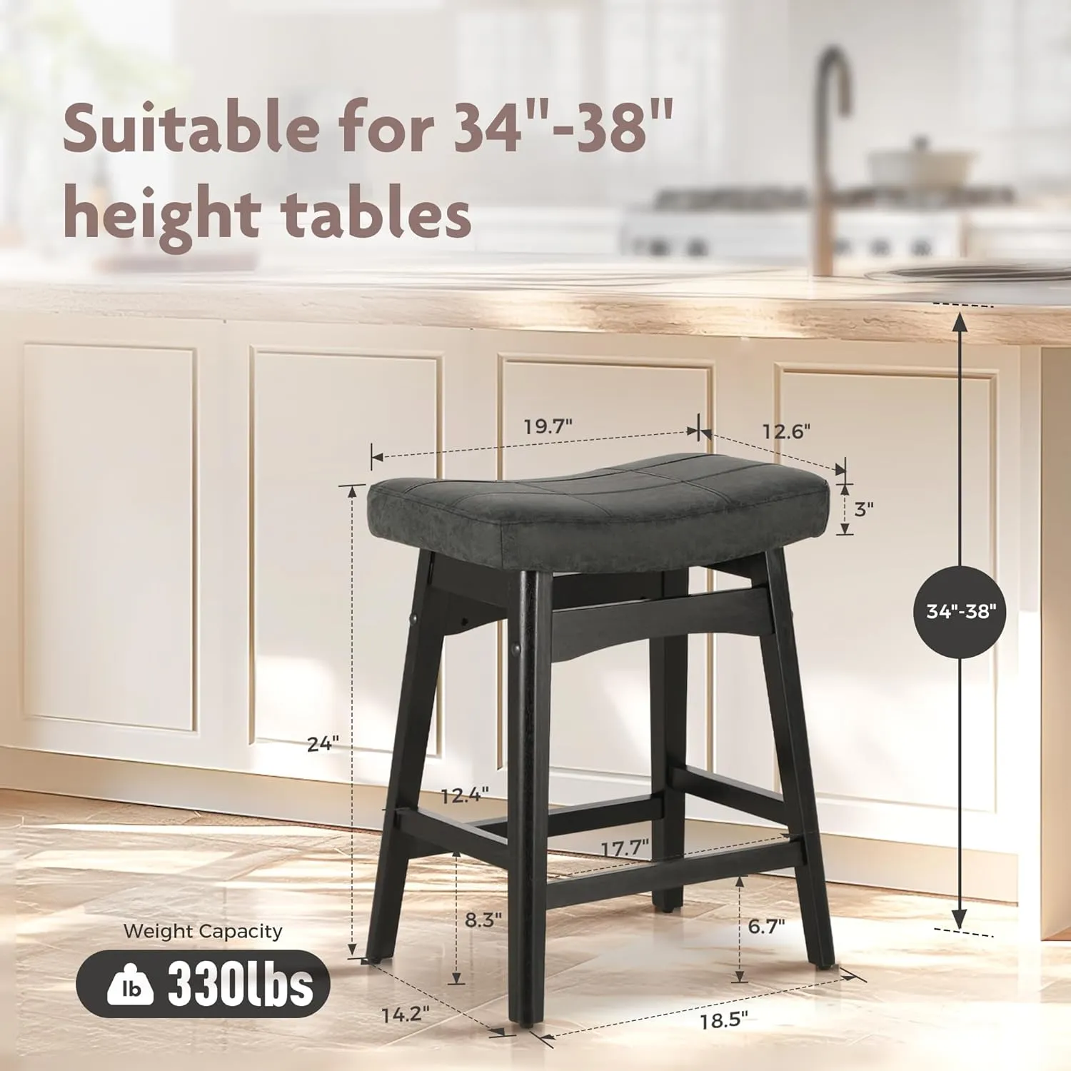 ALPHA HOME Bar Stool, Solid Wood Saddle Kitchen Stool with Black PU Leather Cushion Counter Height Barstool with Wooden Base for Kitchen Dining Cafe, 24 Inch, Black, 1PC…