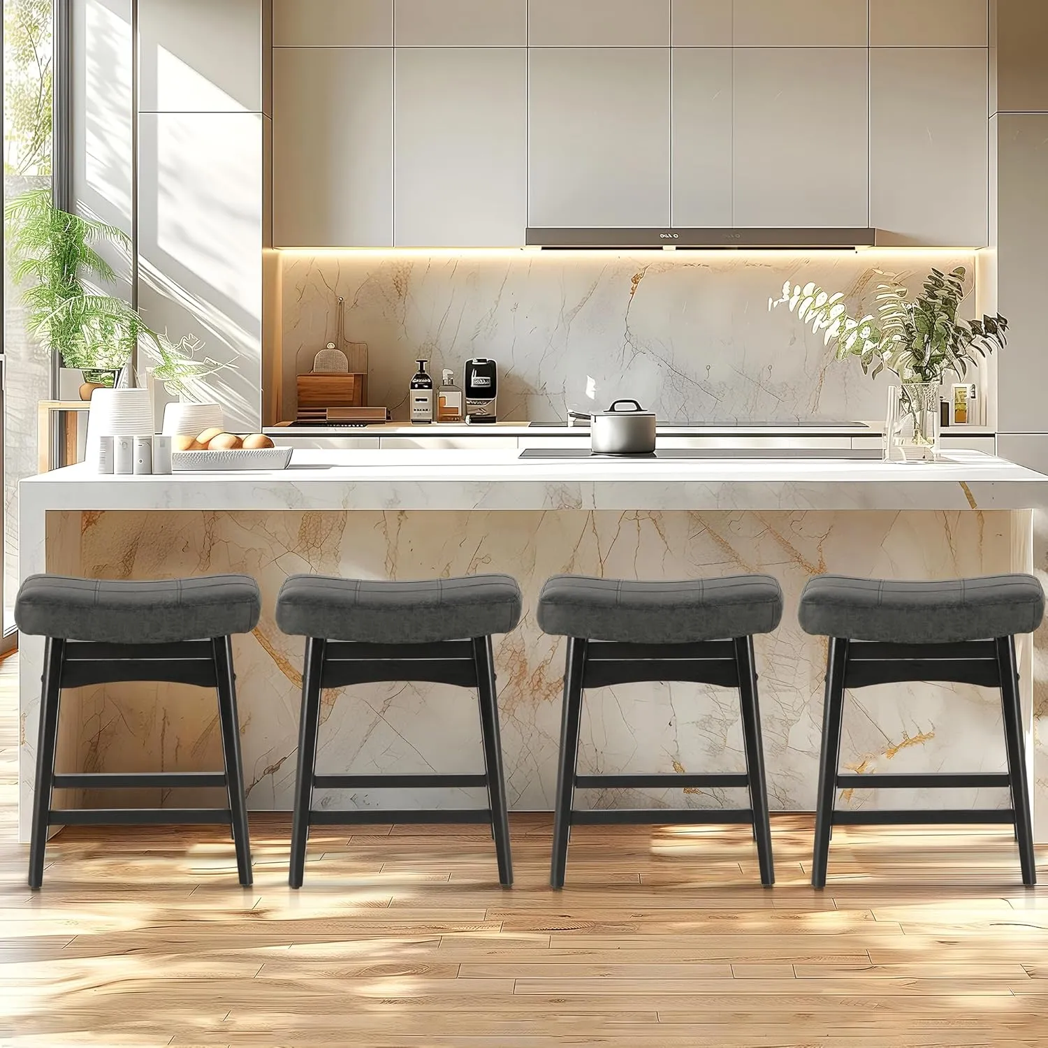 ALPHA HOME Bar Stool, Solid Wood Saddle Kitchen Stool with Black PU Leather Cushion Counter Height Barstool with Wooden Base for Kitchen Dining Cafe, 24 Inch, Black, 1PC…