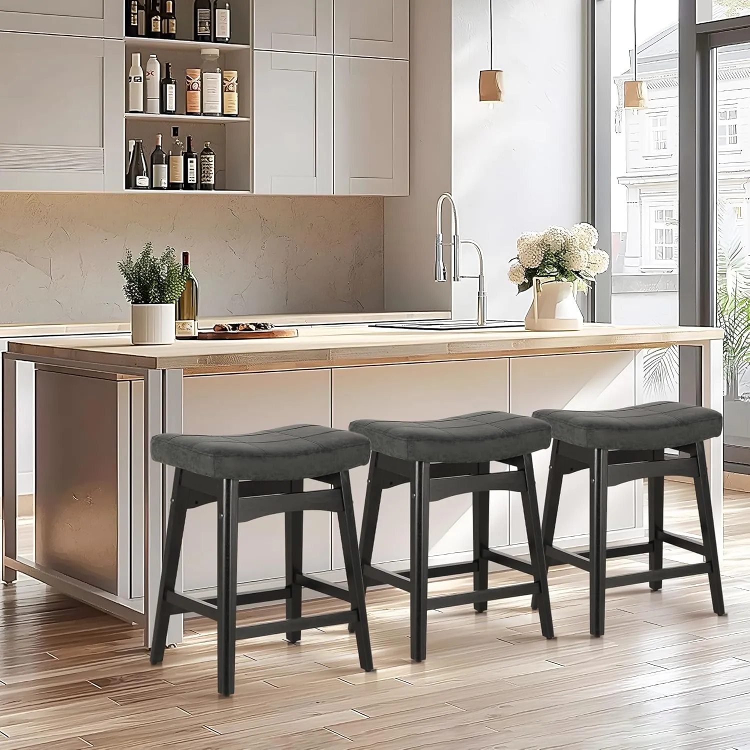 ALPHA HOME Bar Stool, Solid Wood Saddle Kitchen Stool with Black PU Leather Cushion Counter Height Barstool with Wooden Base for Kitchen Dining Cafe, 24 Inch, Black, 1PC…
