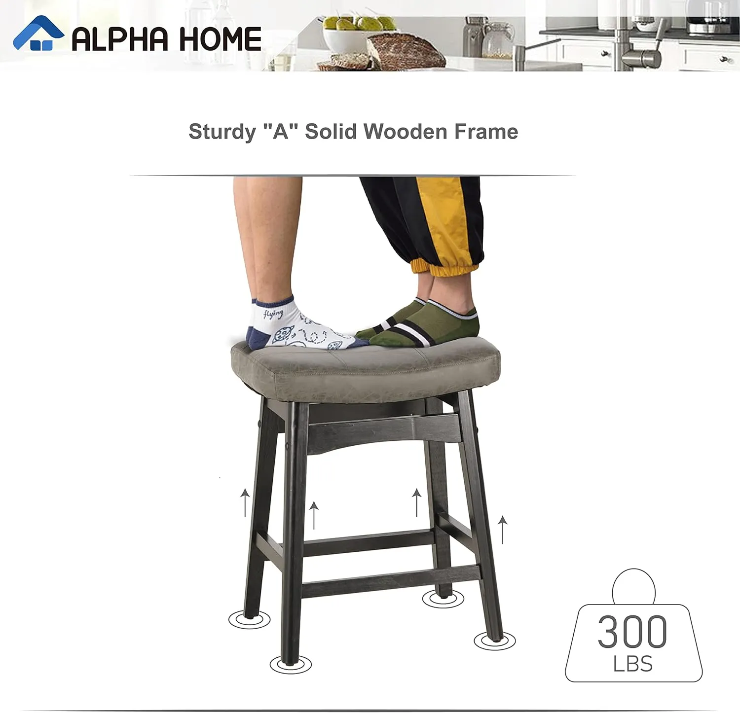 ALPHA HOME Bar Stool, Solid Wood Saddle Kitchen Stool with Grey PU Leather Cushion Counter Height Barstool with Wooden Base for Kitchen Dining Cafe, 24 Inch, Grey, 1PC