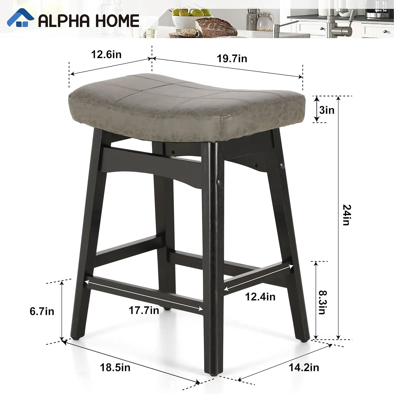 ALPHA HOME Bar Stool, Solid Wood Saddle Kitchen Stool with Grey PU Leather Cushion Counter Height Barstool with Wooden Base for Kitchen Dining Cafe, 24 Inch, Grey, 1PC