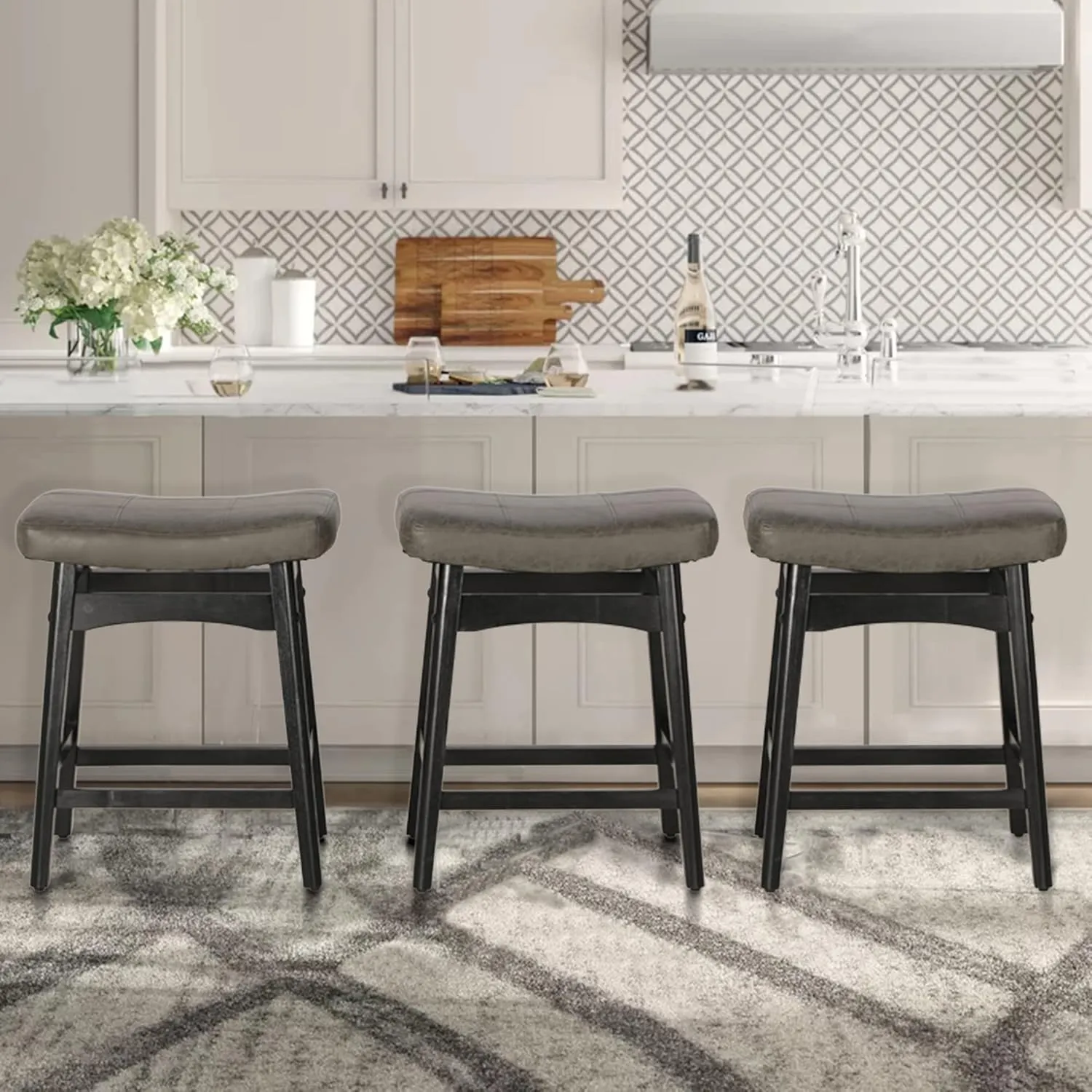 ALPHA HOME Bar Stool, Solid Wood Saddle Kitchen Stool with Grey PU Leather Cushion Counter Height Barstool with Wooden Base for Kitchen Dining Cafe, 24 Inch, Grey, 1PC