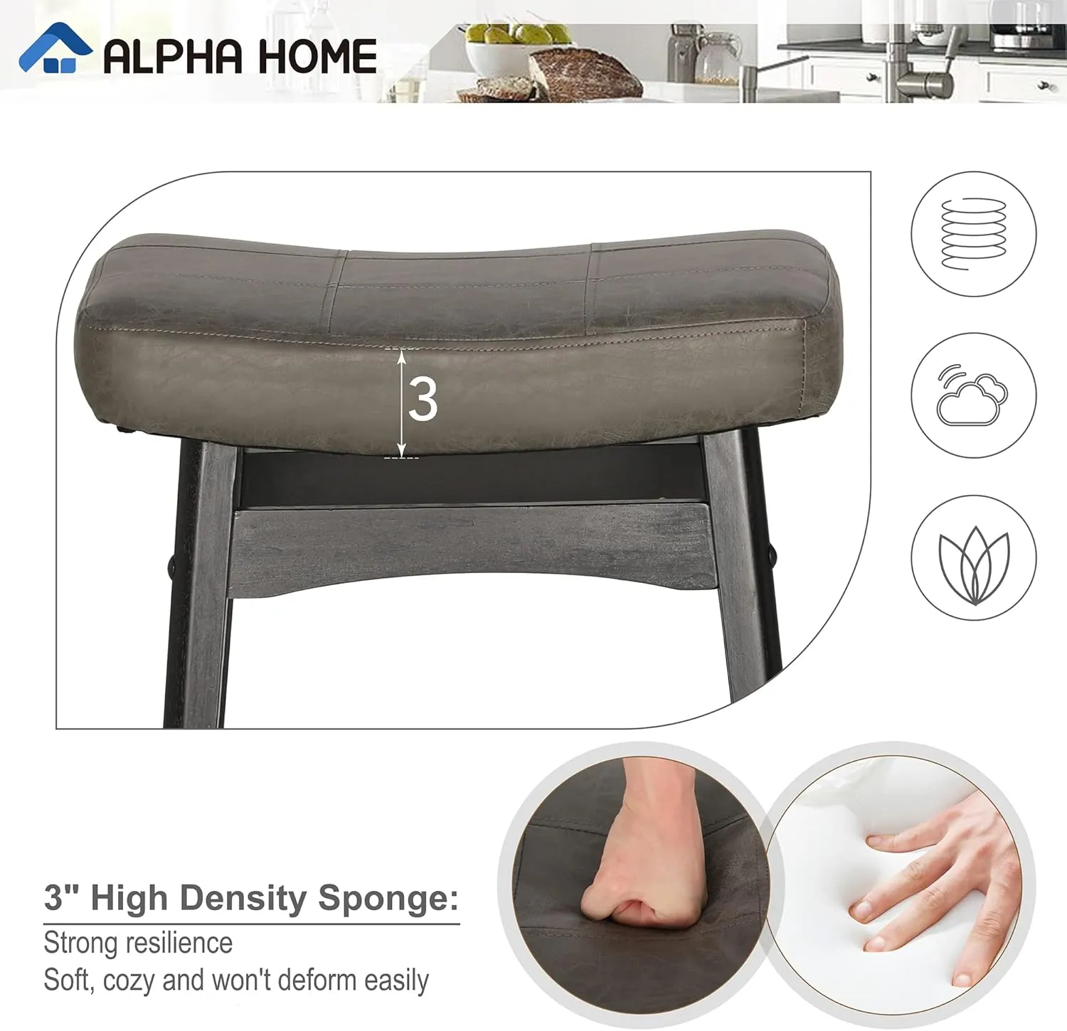 ALPHA HOME Bar Stool, Solid Wood Saddle Kitchen Stool with Grey PU Leather Cushion Counter Height Barstool with Wooden Base for Kitchen Dining Cafe, 24 Inch, Grey, 1PC