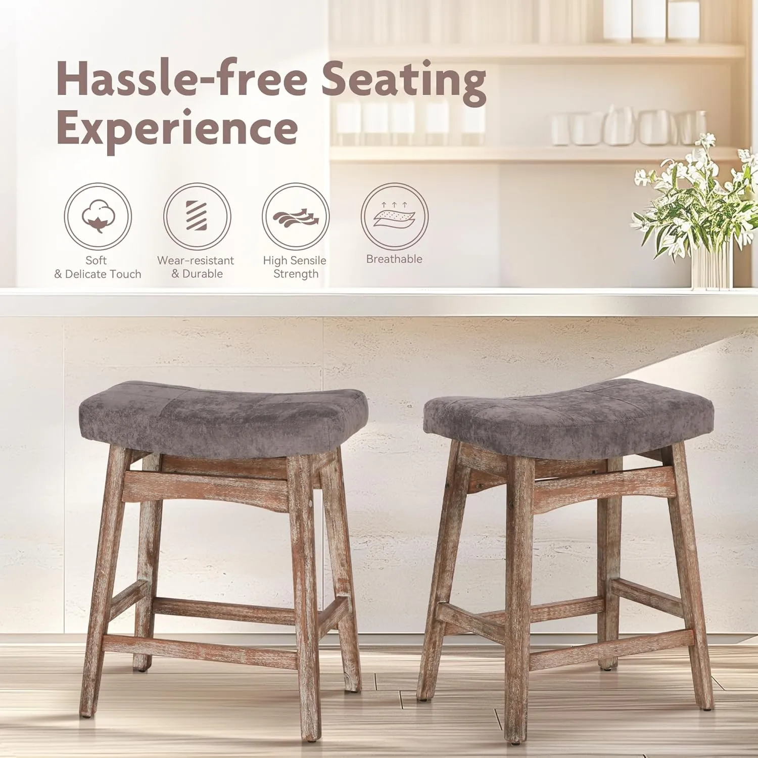 ALPHA HOME Bar Stools Set of 2, Solid Wood Saddle Kitchen Stools with Grey Linen Fabric Cushion Counter Height Barstools, 24 Inch, Grey, 2PCS