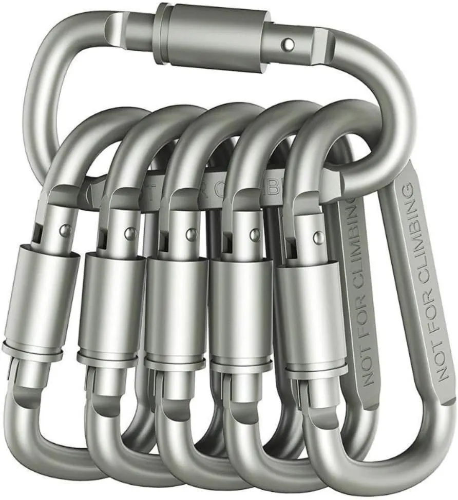 Aluminum D-Ring Carabiners with Screw Lock, 3.15 inch, Heavy Duty, Pack of 6, Silver