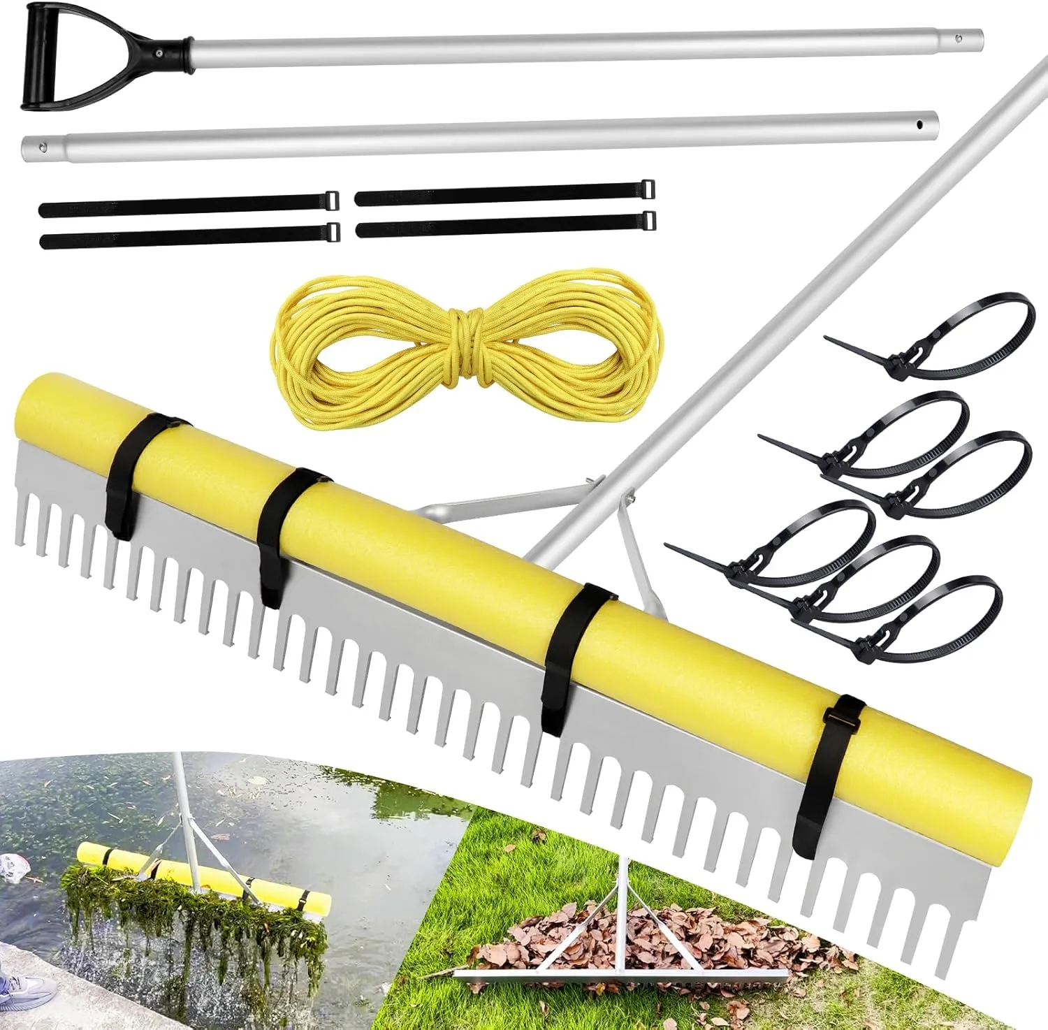 Aluminum Pond Rake - 36" Aquatic Weed Rake with 11' Adjustable Extension Pole, Rope and Float, 50' Throw for Lake, Lawns, Gardens, Beach