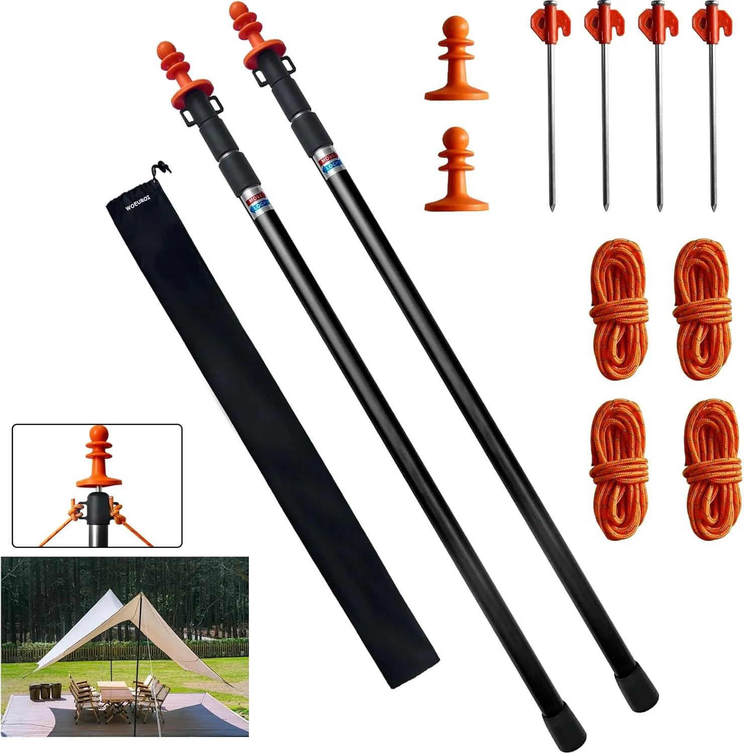 Aluminum Tent Poles Replacement, 3-7.5FT Telescoping Adjustable Camping Tarp Poles Set of 2, Adjustable Tent Poles for Tarp Hammock Rain Fly Sun Shade Beach Shelter Awning Canopy(Black)