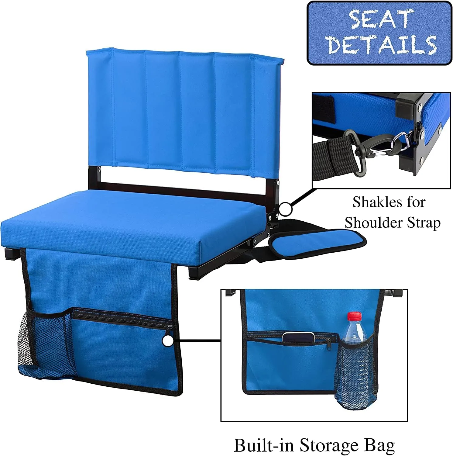 Amazing for less Stadium Seat for Bleachers with Padded Cushion Foldable Stadium Seat Chairs with Back Support, Shoulder Strap, Built-in Cup Holder (Blue, 2-Chairs)