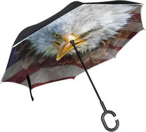American Flag Eagle Reverse Inverted Inside Out Umbrella Cars Unigue Windproof UV Proof Double Layer for Women