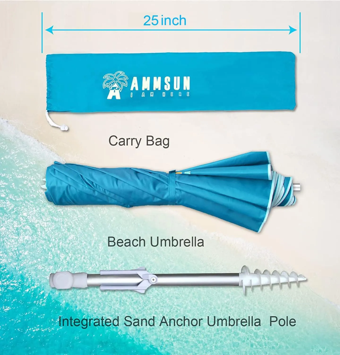 AMMSUN 6ft Folded Portable Travel Beach Umbrella with Sand Anchor Tilt Air vent UPF 50 UV Protection Fit In Suitcase Compact Foldable Telescopic umbrellas for Patio Garden Beach Pool Sky Blue