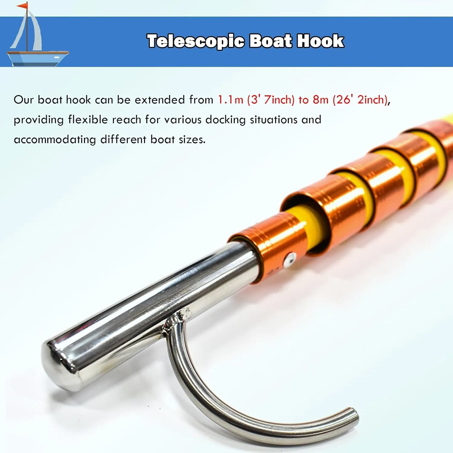 AMUFJJ Aluminum Telescopic Boat Hook 13 16 20 26 inch, Extendable Pick Up Hook Poles & Water Rescue Rod for Docking Rescuing Pushing Pulling and Boating, Sailboat Accessories(L 26' 2inch (8m))