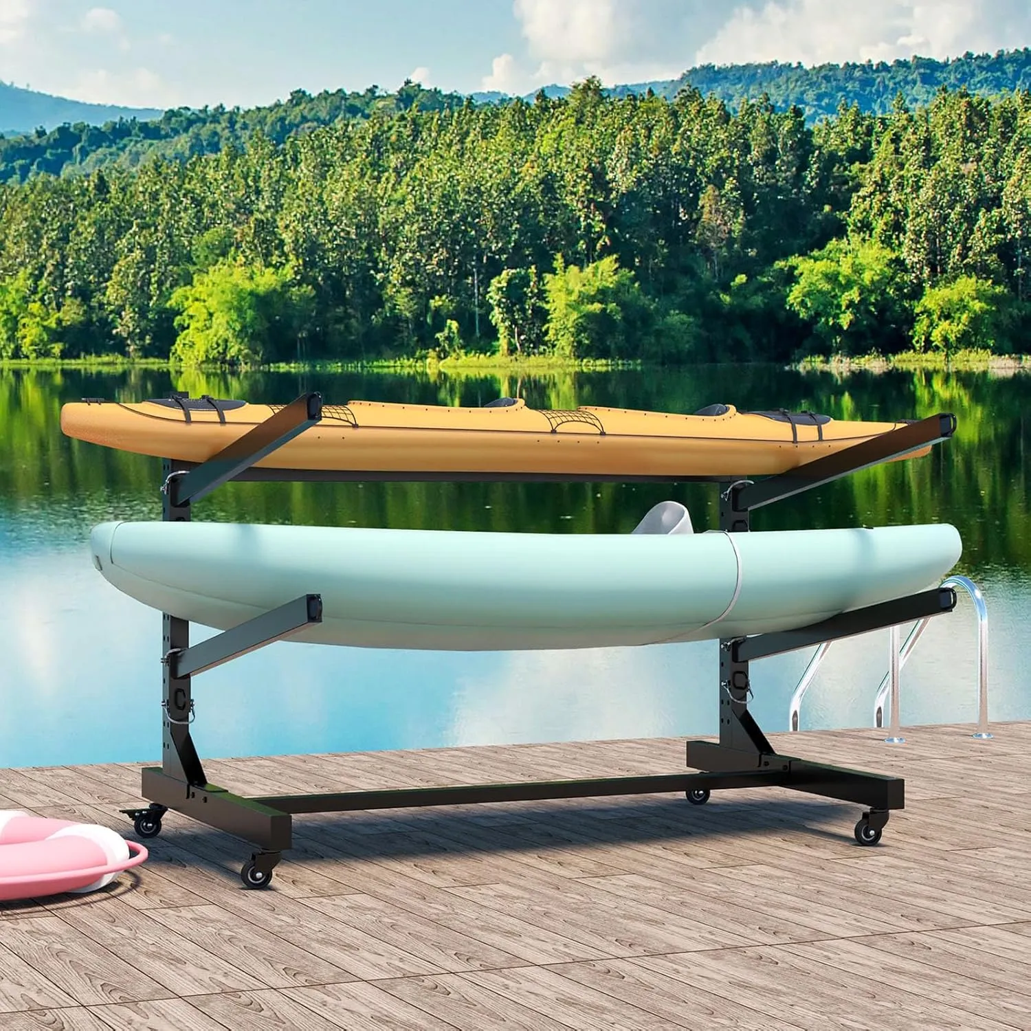 Anwick Freestanding Kayak Storage Rack– Holds 2 Kayaks, Heavy Duty Adjustable Kayak Stand with Lockable Wheels for Kayaks, Canoes, SUPs, Surfboards, Indoor & Outdoor Use