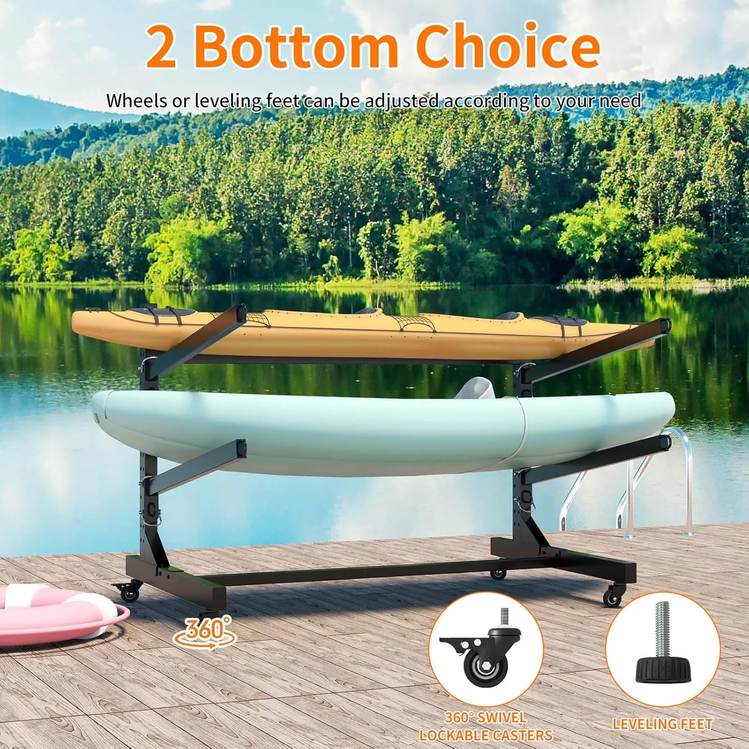 Anwick Freestanding Kayak Storage Rack– Holds 2 Kayaks, Heavy Duty Adjustable Kayak Stand with Lockable Wheels for Kayaks, Canoes, SUPs, Surfboards, Indoor & Outdoor Use