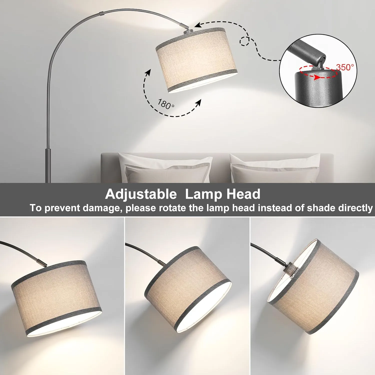 Arc Floor Lamp, Modern Floor Lamp for Living Room with Adjustable Lamp Head, Tall Pole Lamp with Gray Lampsahde and On/Off Pedal Switch, Over Couch Reading Light for Bedroom, Office, Study Room
