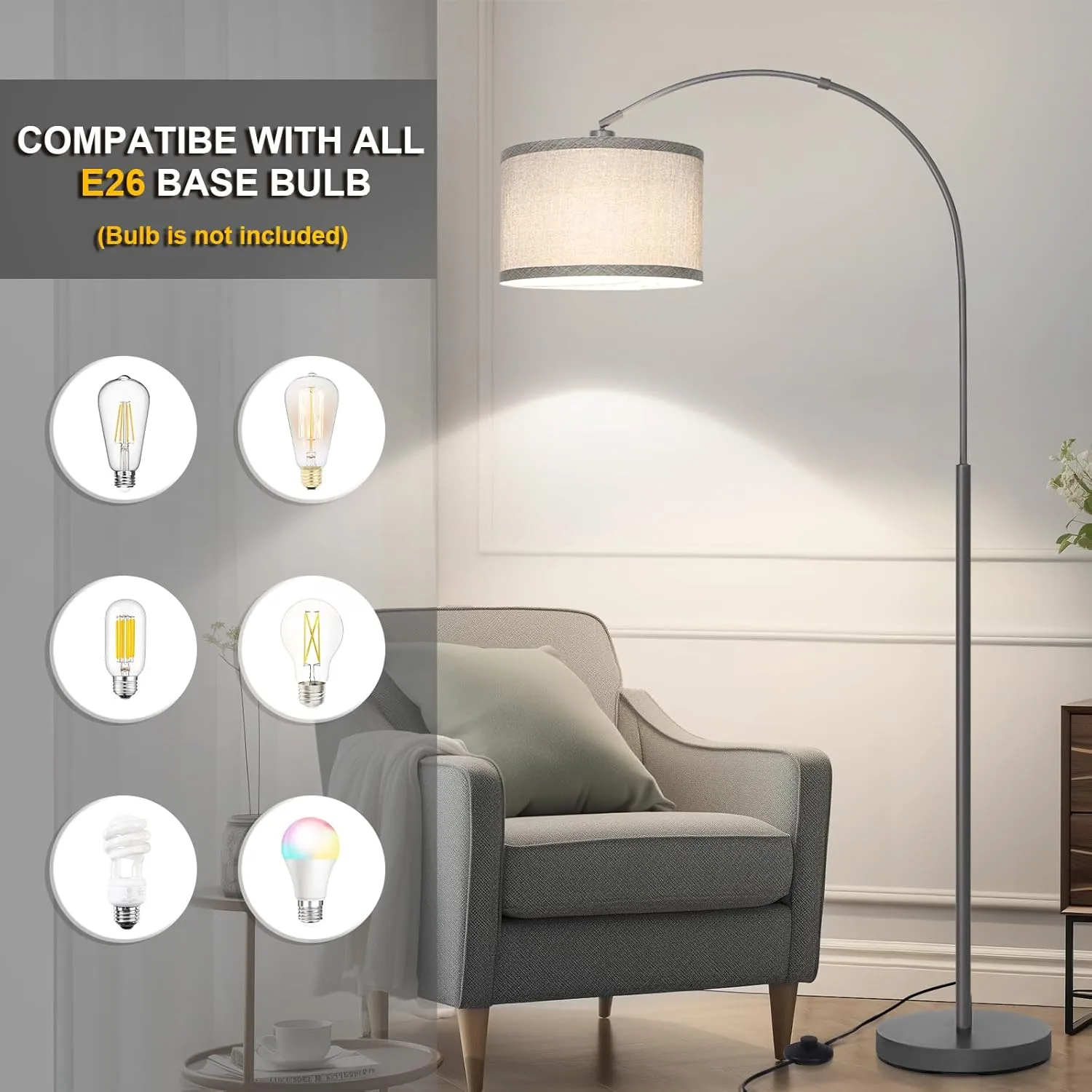 Arc Floor Lamp, Modern Floor Lamp for Living Room with Adjustable Lamp Head, Tall Pole Lamp with Gray Lampsahde and On/Off Pedal Switch, Over Couch Reading Light for Bedroom, Office, Study Room