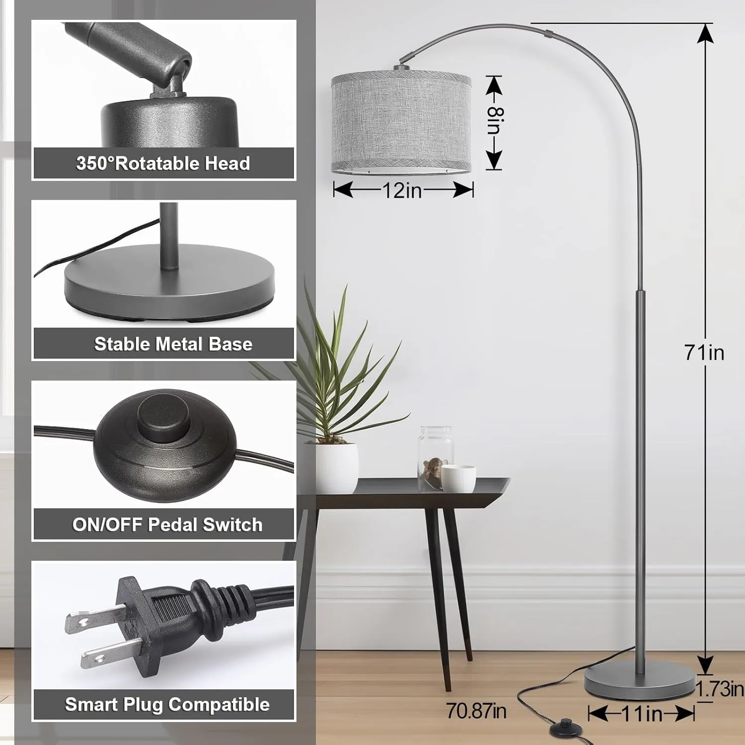 Arc Floor Lamp, Modern Floor Lamp for Living Room with Adjustable Lamp Head, Tall Pole Lamp with Gray Lampsahde and On/Off Pedal Switch, Over Couch Reading Light for Bedroom, Office, Study Room