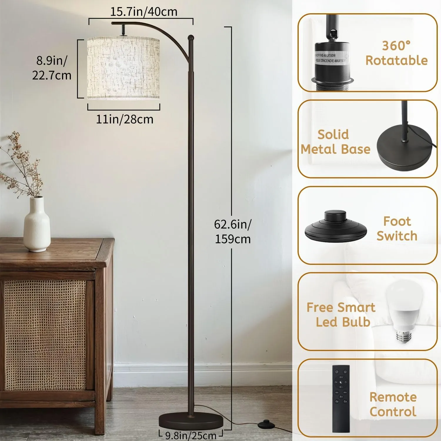 Arc Floor Lamps Abstract Endless Pattern Gentle Dark Blue Lines dots White Sketchy Modern LED Adjustable Lampshade Standing Light for Living Room Reading Bedroom Office