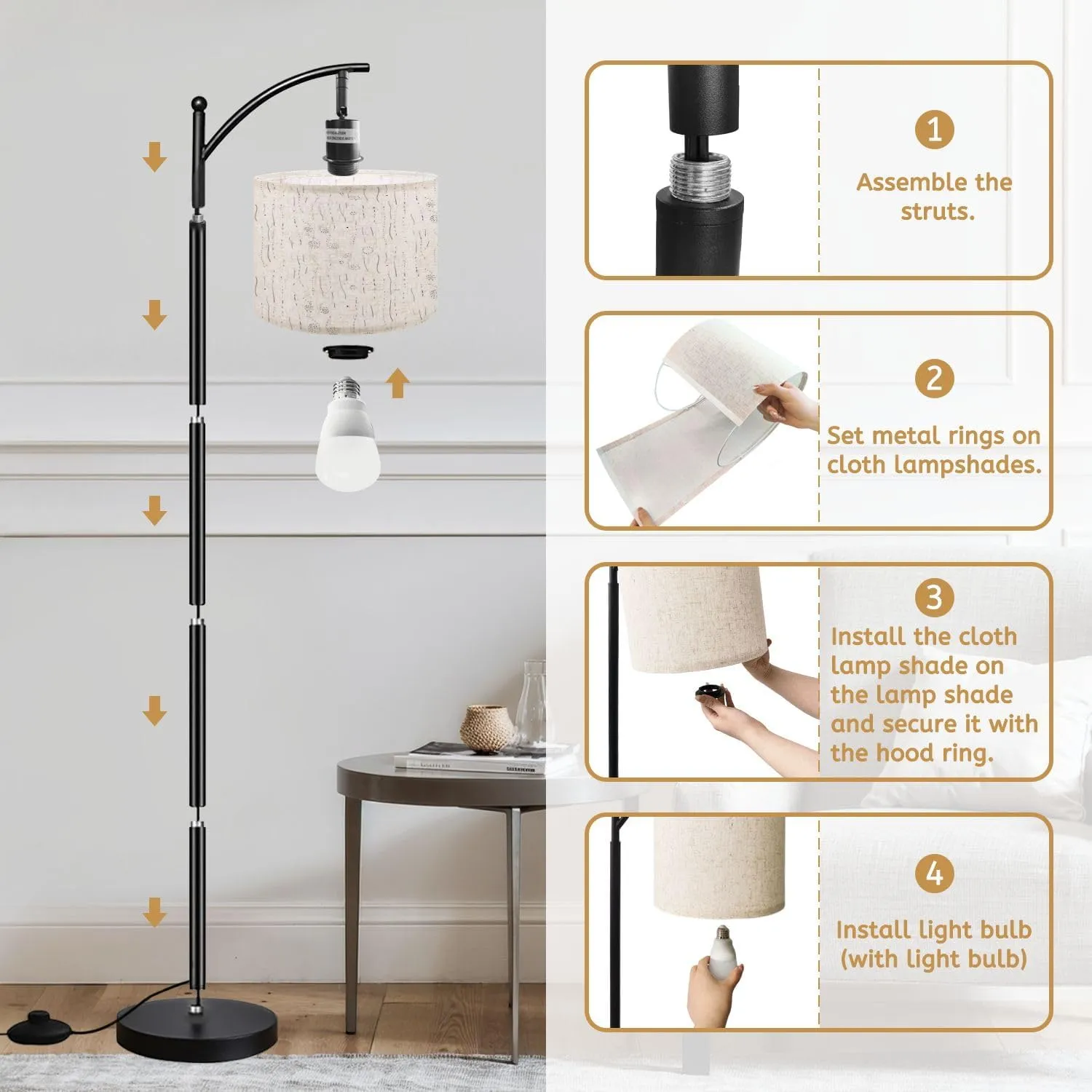 Arc Floor Lamps Abstract Endless Pattern Gentle Dark Blue Lines dots White Sketchy Modern LED Adjustable Lampshade Standing Light for Living Room Reading Bedroom Office