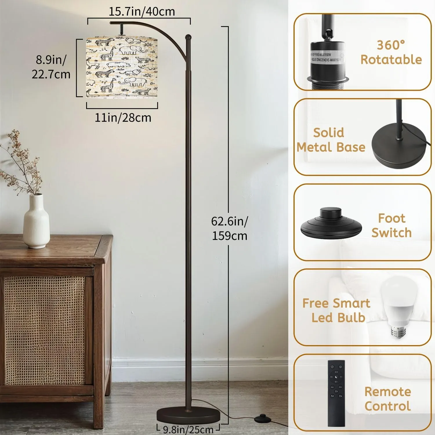 Arc Floor Lamps Cute Seamless Pattern line Art Style African Wild Animals Adorable Modern LED Adjustable Lampshade Standing Light for Living Room Reading Bedroom Office