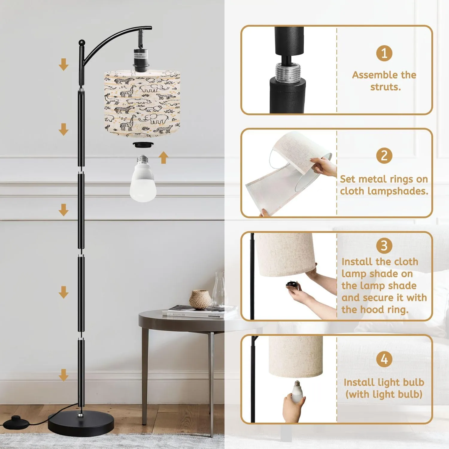 Arc Floor Lamps Cute Seamless Pattern line Art Style African Wild Animals Adorable Modern LED Adjustable Lampshade Standing Light for Living Room Reading Bedroom Office