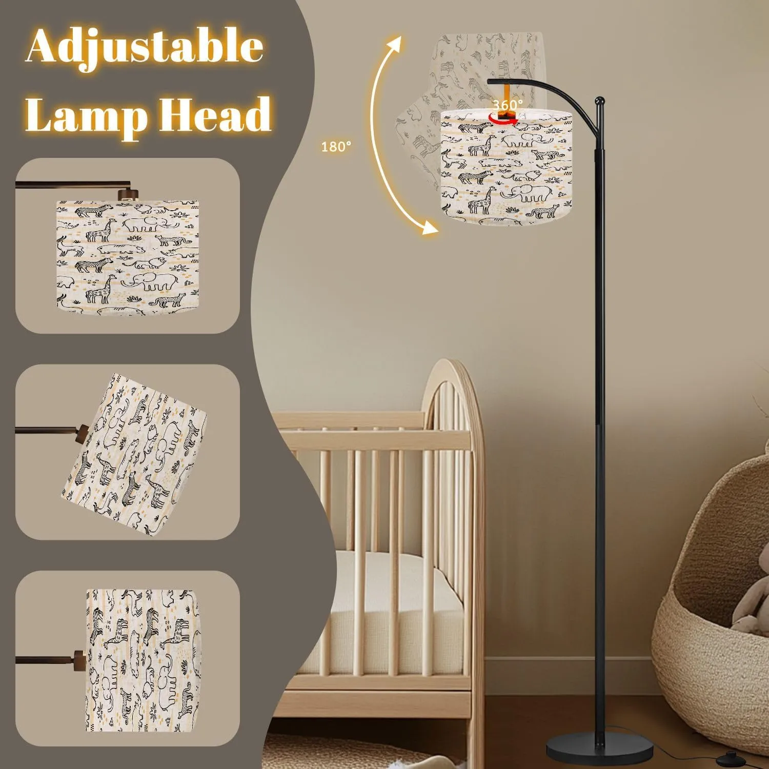 Arc Floor Lamps Cute Seamless Pattern line Art Style African Wild Animals Adorable Modern LED Adjustable Lampshade Standing Light for Living Room Reading Bedroom Office
