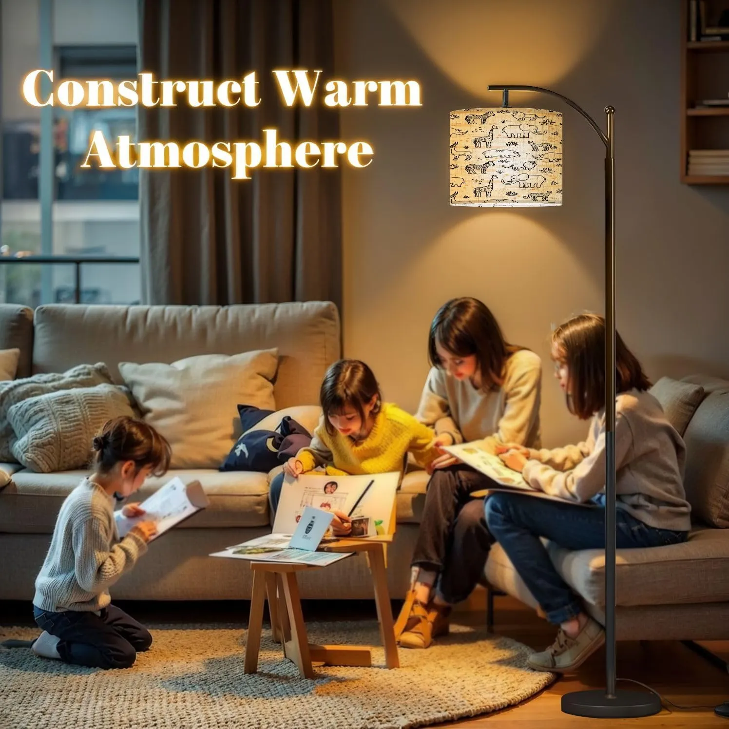 Arc Floor Lamps Cute Seamless Pattern line Art Style African Wild Animals Adorable Modern LED Adjustable Lampshade Standing Light for Living Room Reading Bedroom Office