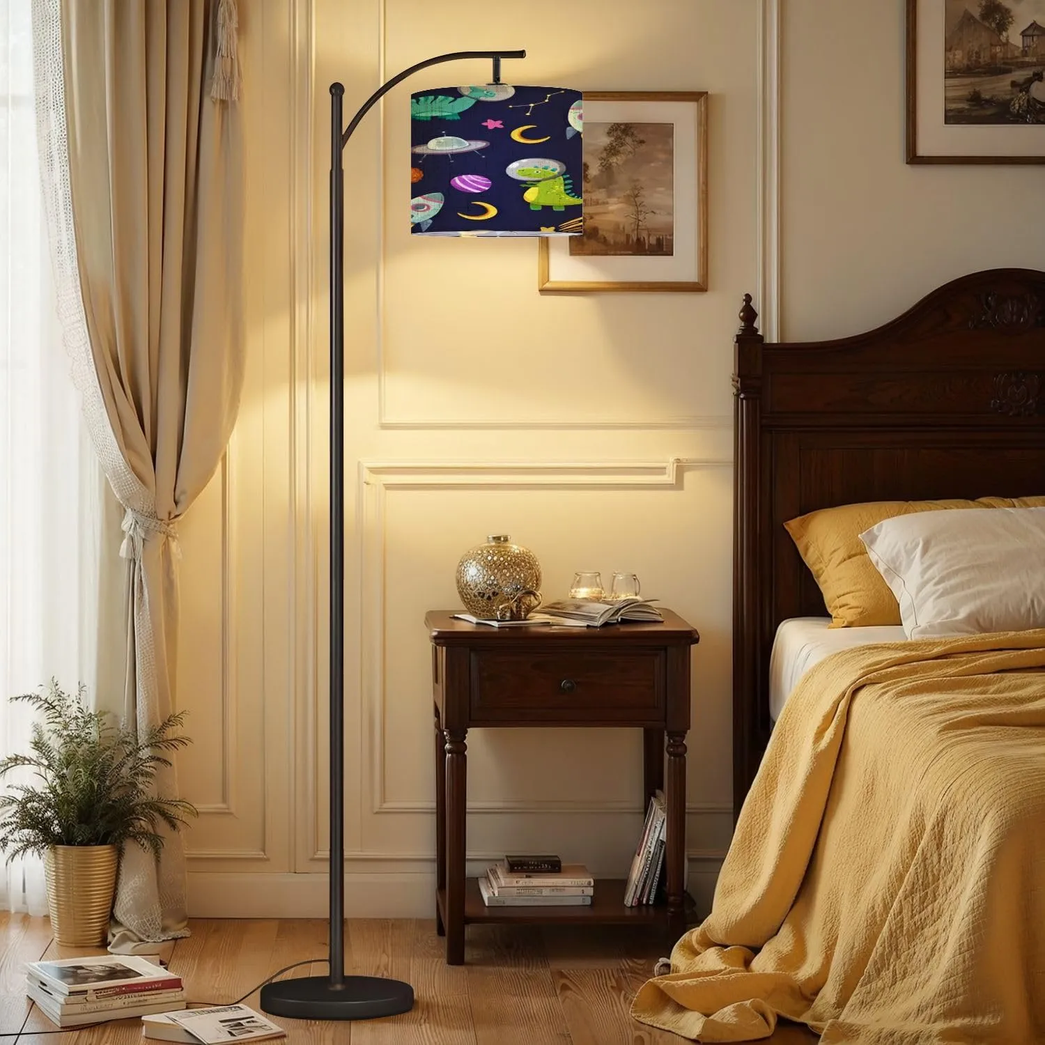 Arc Floor Lamps Dino Space Seamless Pattern Cute Dragon Characters Dinosaur Traveling Modern LED Adjustable Lampshade Standing Light for Living Room Reading Bedroom Office