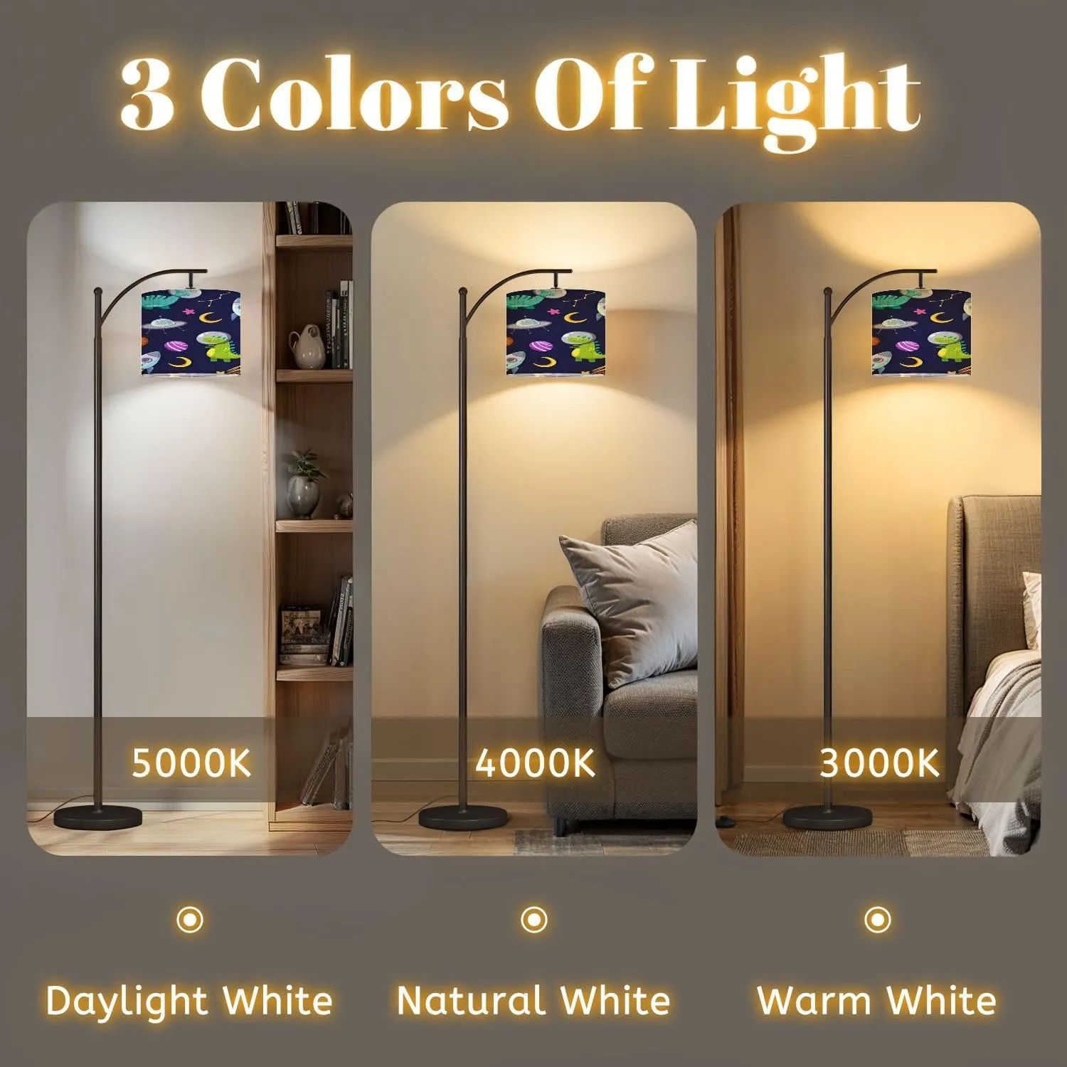 Arc Floor Lamps Dino Space Seamless Pattern Cute Dragon Characters Dinosaur Traveling Modern LED Adjustable Lampshade Standing Light for Living Room Reading Bedroom Office