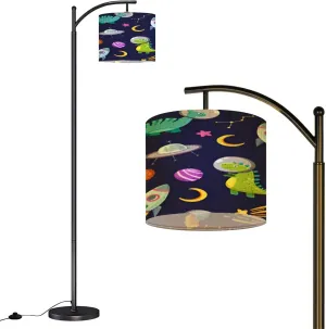 Arc Floor Lamps Dino Space Seamless Pattern Cute Dragon Characters Dinosaur Traveling Modern LED Adjustable Lampshade Standing Light for Living Room Reading Bedroom Office