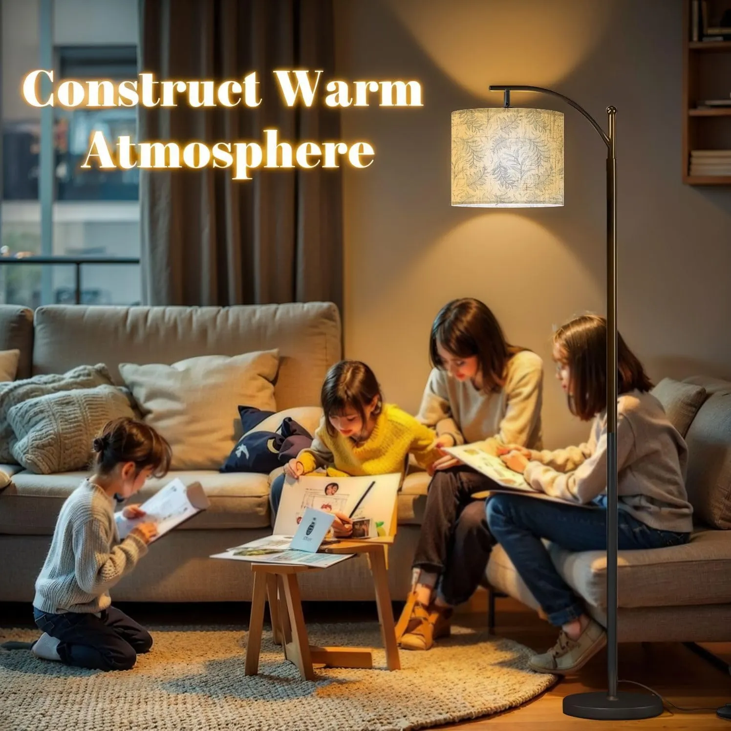 Arc Floor Lamps Foliage Seamless Pattern Modern LED Adjustable Lampshade Standing Light for Living Room Reading Bedroom Office
