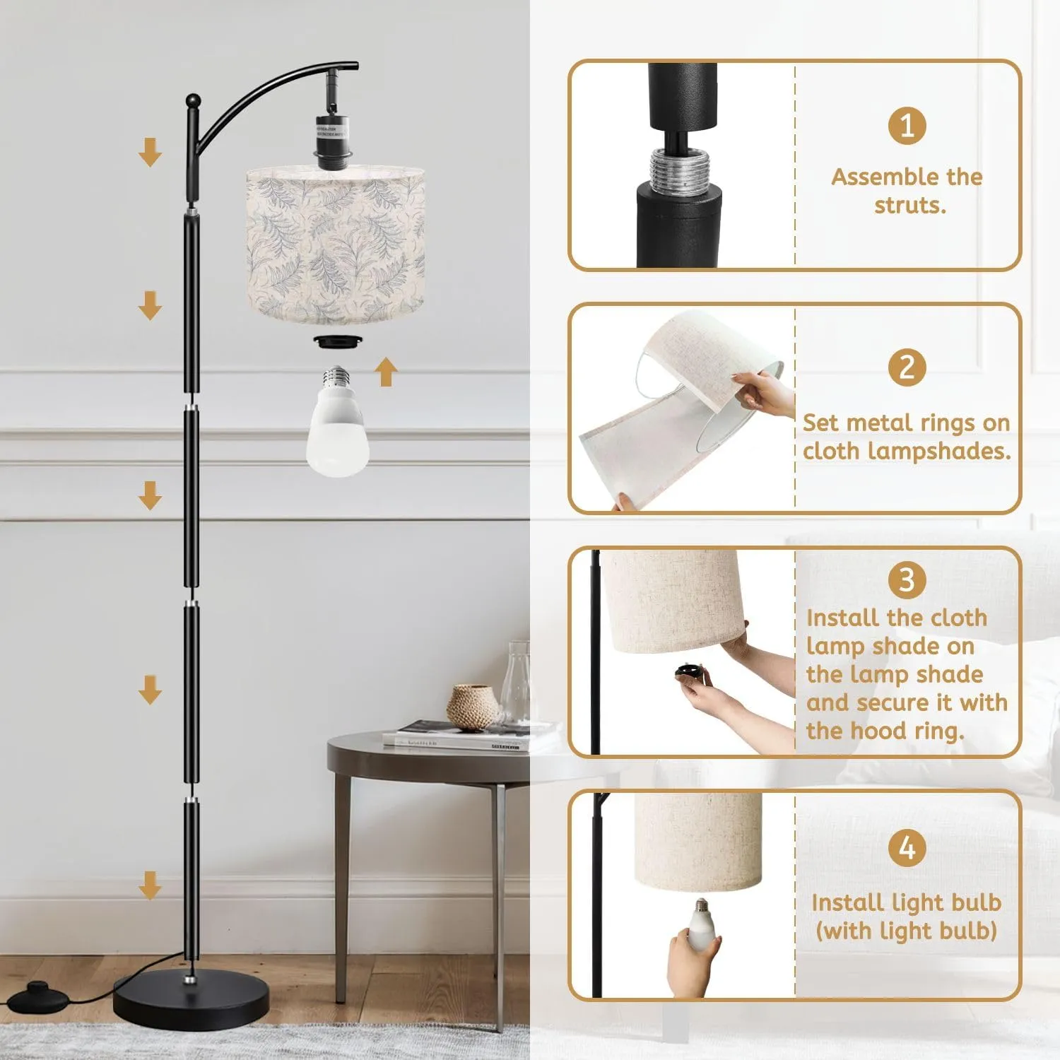 Arc Floor Lamps Foliage Seamless Pattern Modern LED Adjustable Lampshade Standing Light for Living Room Reading Bedroom Office