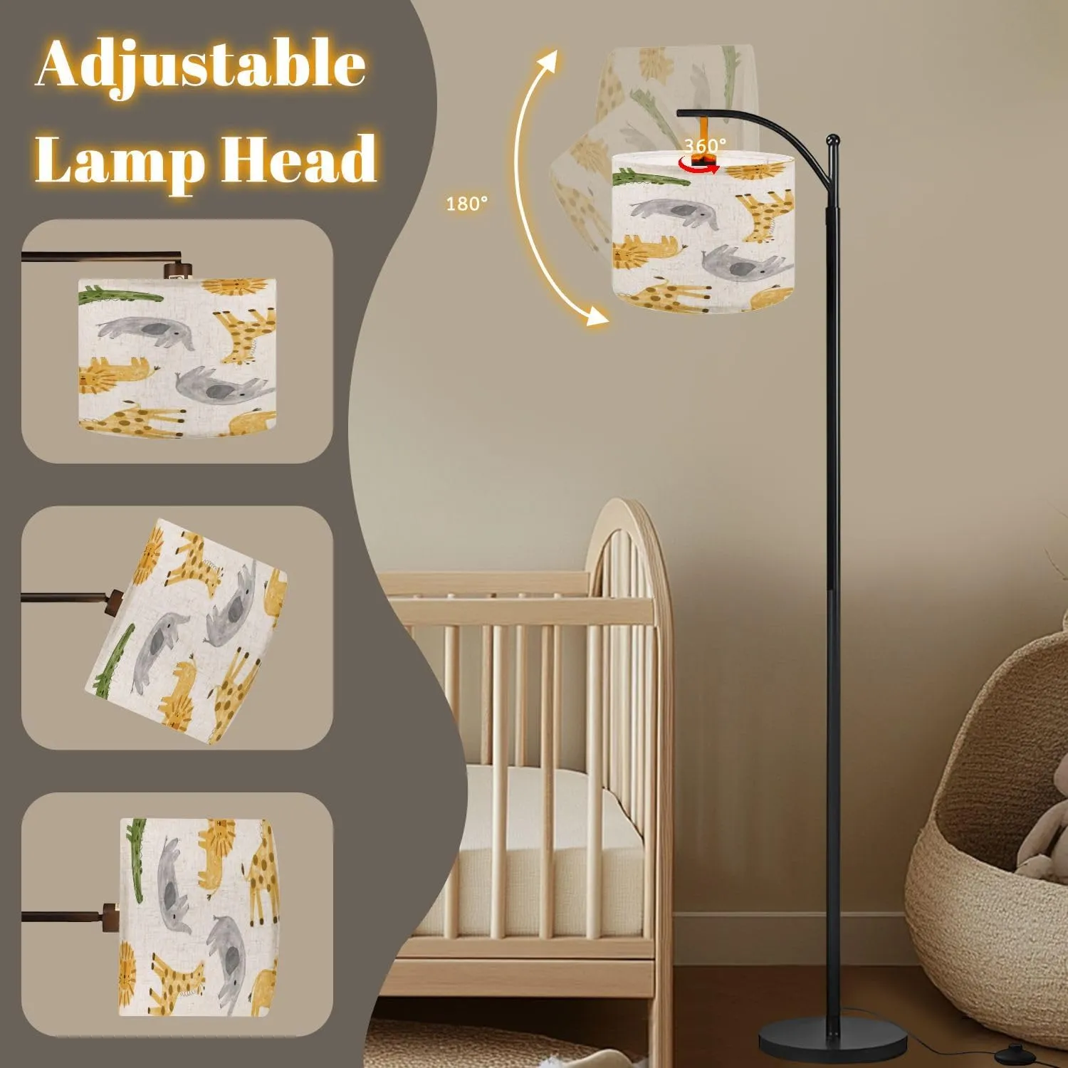Arc Floor Lamps Scandinavian Watercolor Animals Seamless Pattern Orange Giraffe Lion Modern LED Adjustable Lampshade Standing Light for Living Room Reading Bedroom Office