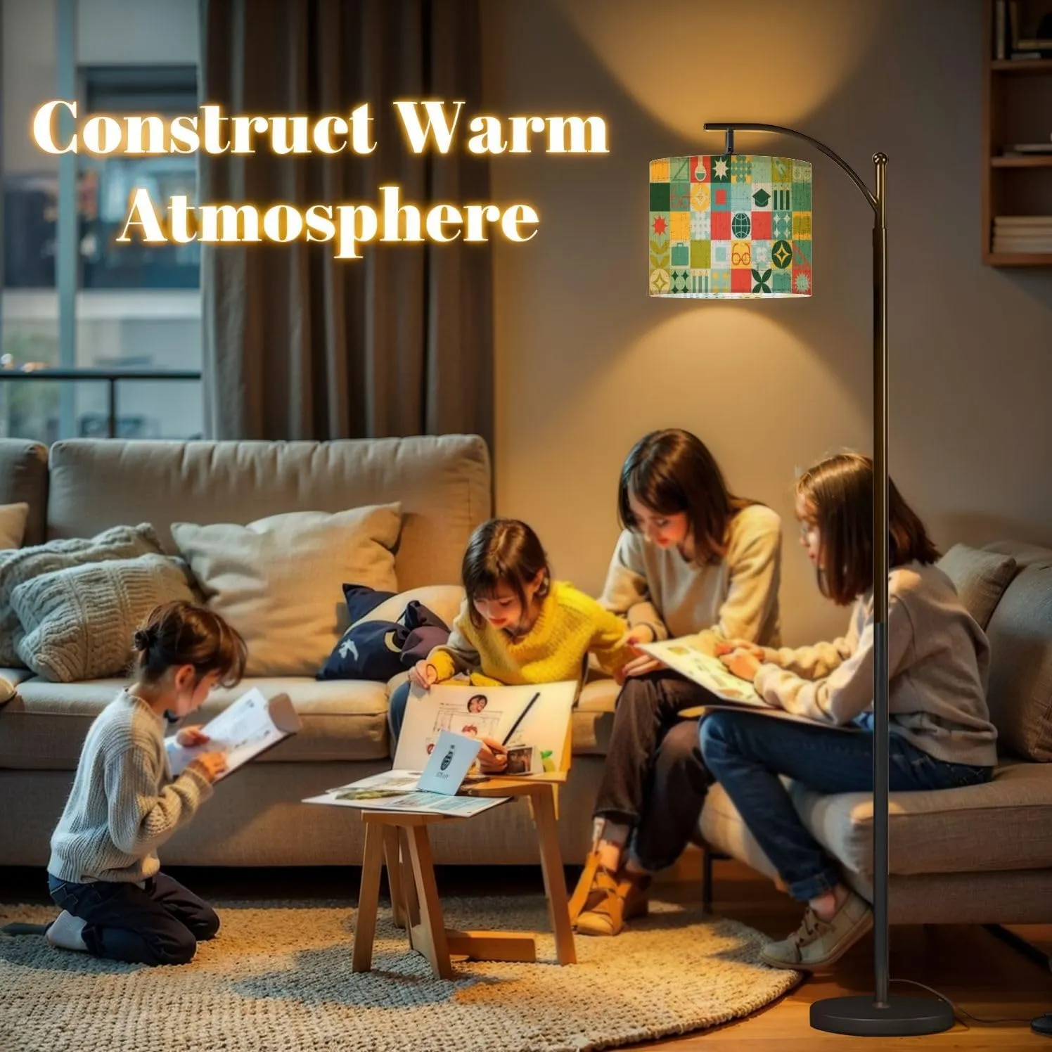 Arc Floor Lamps School Seamless for Stand Made Geometric Shapes Colored Mosaic Trendy Modern LED Adjustable Lampshade Standing Light for Living Room Reading Bedroom Office