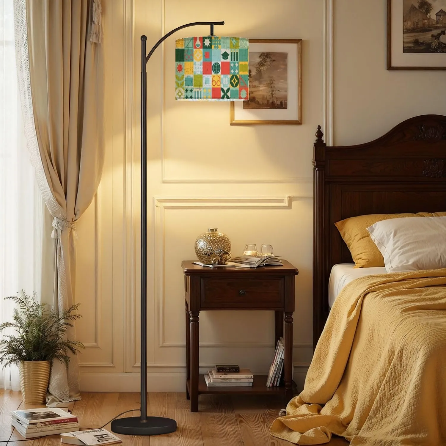 Arc Floor Lamps School Seamless for Stand Made Geometric Shapes Colored Mosaic Trendy Modern LED Adjustable Lampshade Standing Light for Living Room Reading Bedroom Office