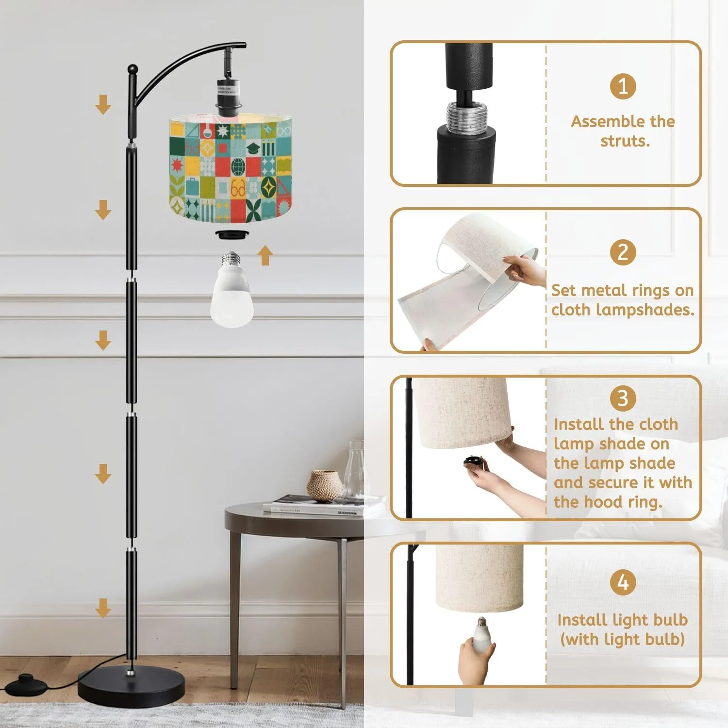 Arc Floor Lamps School Seamless for Stand Made Geometric Shapes Colored Mosaic Trendy Modern LED Adjustable Lampshade Standing Light for Living Room Reading Bedroom Office