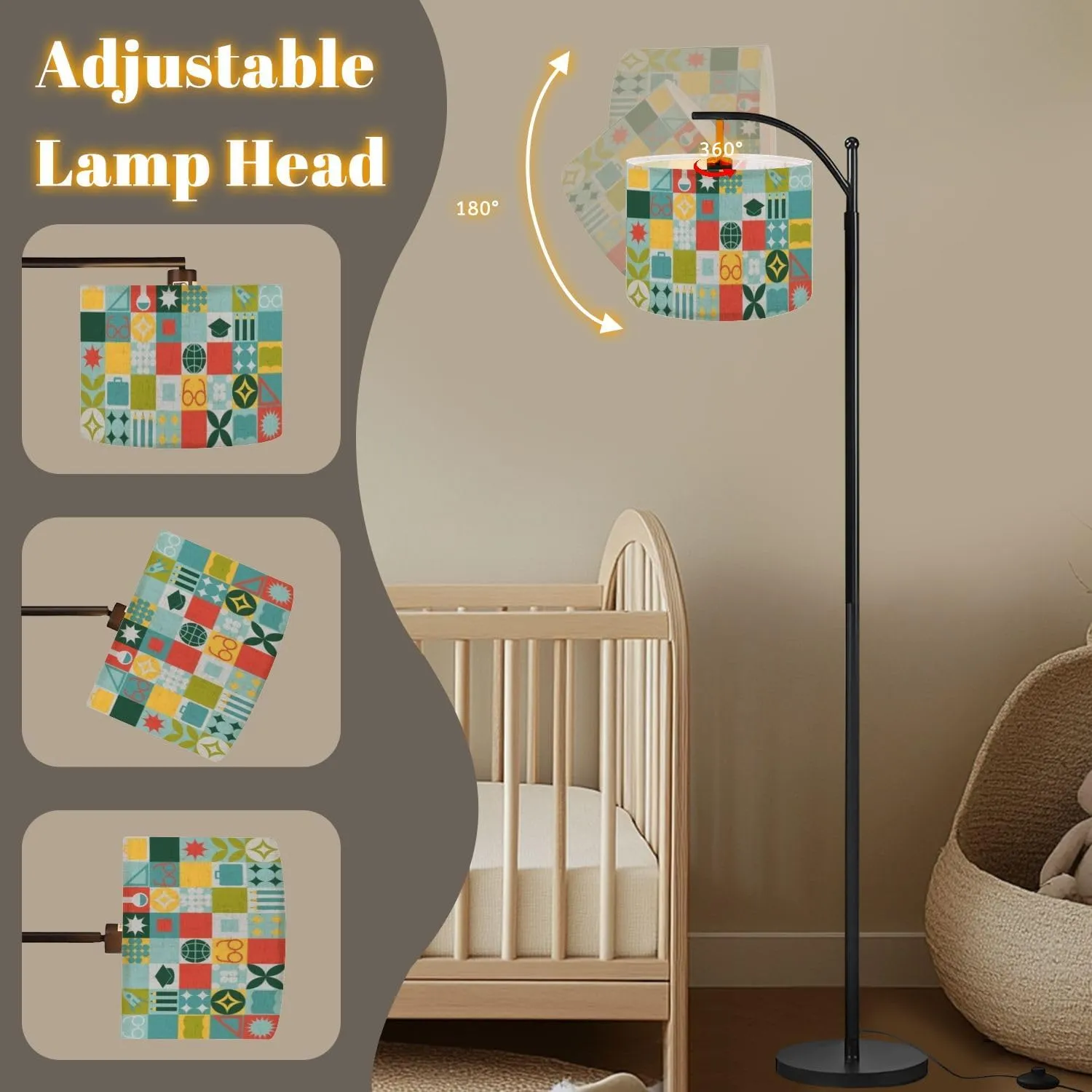 Arc Floor Lamps School Seamless for Stand Made Geometric Shapes Colored Mosaic Trendy Modern LED Adjustable Lampshade Standing Light for Living Room Reading Bedroom Office