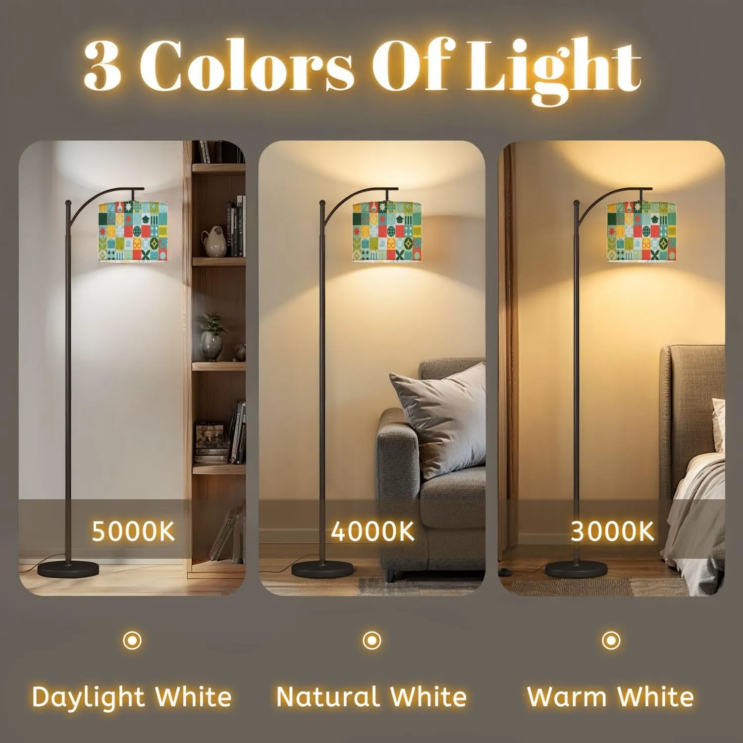 Arc Floor Lamps School Seamless for Stand Made Geometric Shapes Colored Mosaic Trendy Modern LED Adjustable Lampshade Standing Light for Living Room Reading Bedroom Office