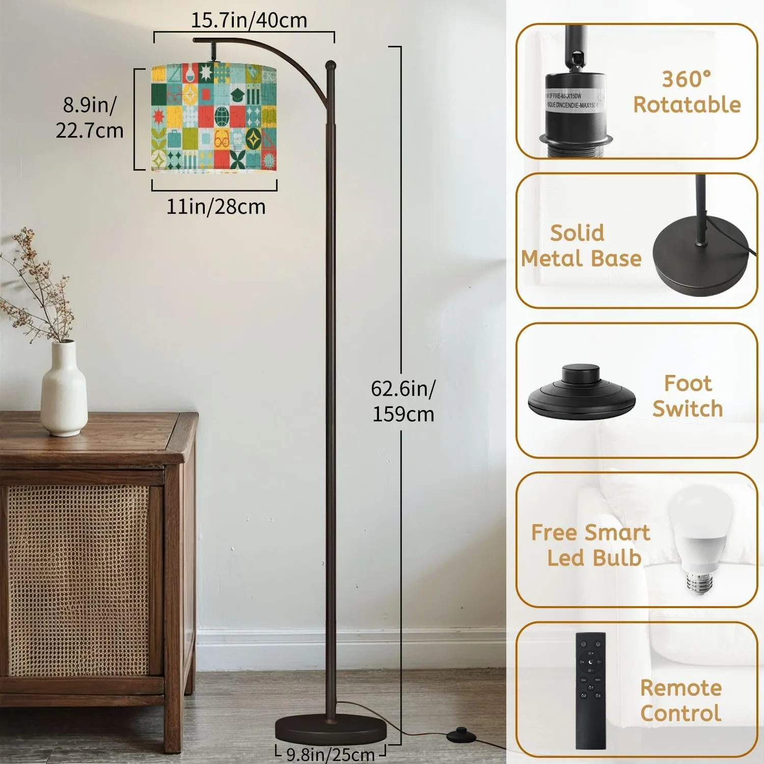 Arc Floor Lamps School Seamless for Stand Made Geometric Shapes Colored Mosaic Trendy Modern LED Adjustable Lampshade Standing Light for Living Room Reading Bedroom Office