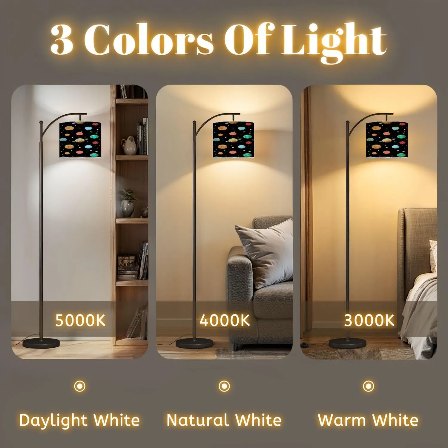 Arc Floor Lamps Solar System Planets Space Seamless Pattern Backgroung for Package Modern LED Adjustable Lampshade Standing Light for Living Room Reading Bedroom Office