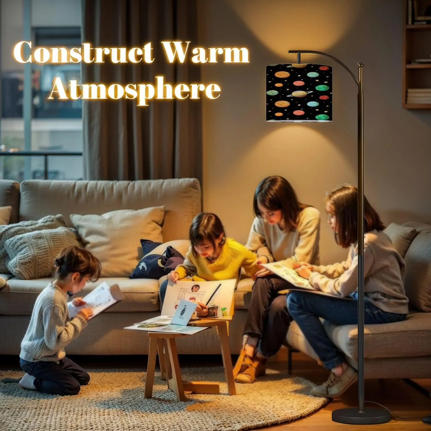 Arc Floor Lamps Solar System Planets Space Seamless Pattern Backgroung for Package Modern LED Adjustable Lampshade Standing Light for Living Room Reading Bedroom Office