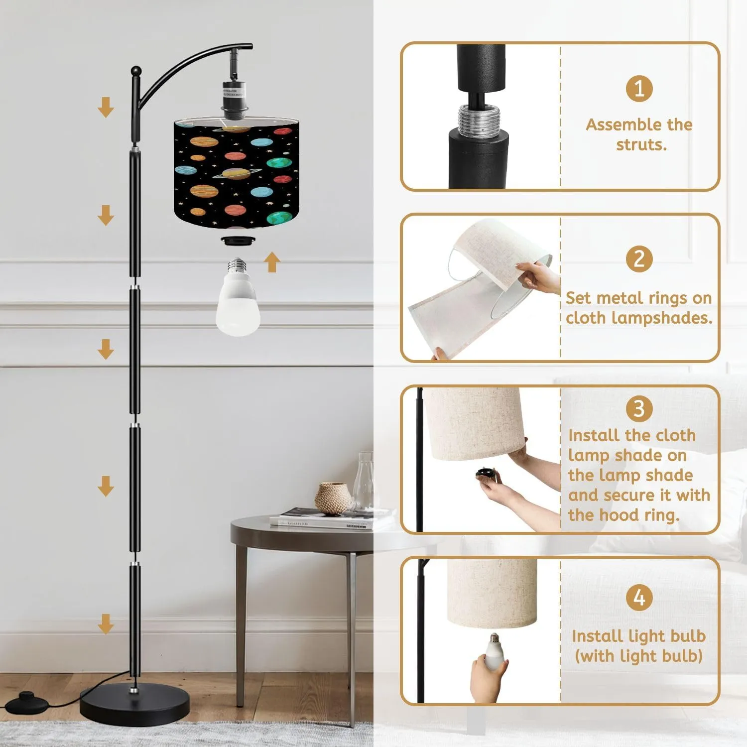 Arc Floor Lamps Solar System Planets Space Seamless Pattern Backgroung for Package Modern LED Adjustable Lampshade Standing Light for Living Room Reading Bedroom Office