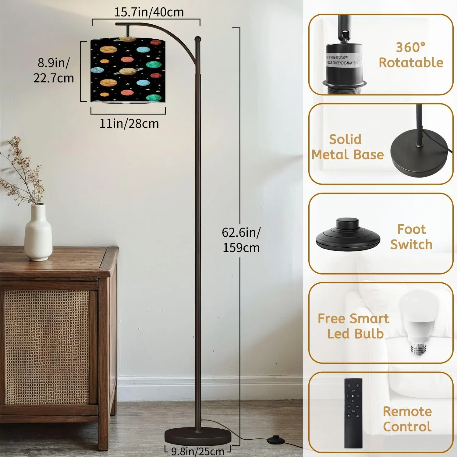 Arc Floor Lamps Solar System Planets Space Seamless Pattern Backgroung for Package Modern LED Adjustable Lampshade Standing Light for Living Room Reading Bedroom Office