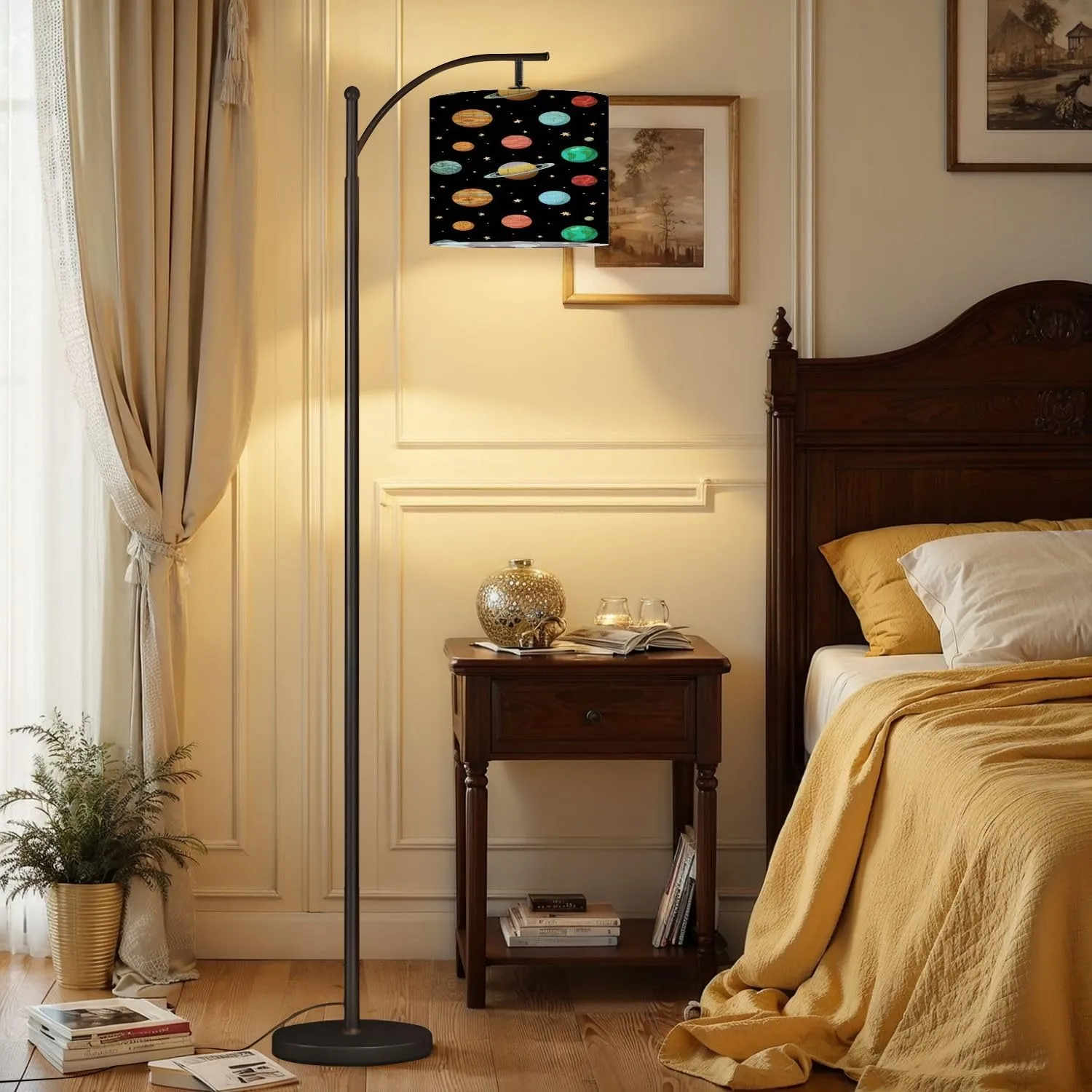 Arc Floor Lamps Solar System Planets Space Seamless Pattern Backgroung for Package Modern LED Adjustable Lampshade Standing Light for Living Room Reading Bedroom Office