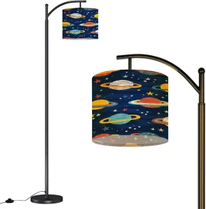 Arc Floor Lamps Space Seamless Pattern Planets Stars Doodle Cartoon Cute Saturn Planet Modern LED Adjustable Lampshade Standing Light for Living Room Reading Bedroom Office
