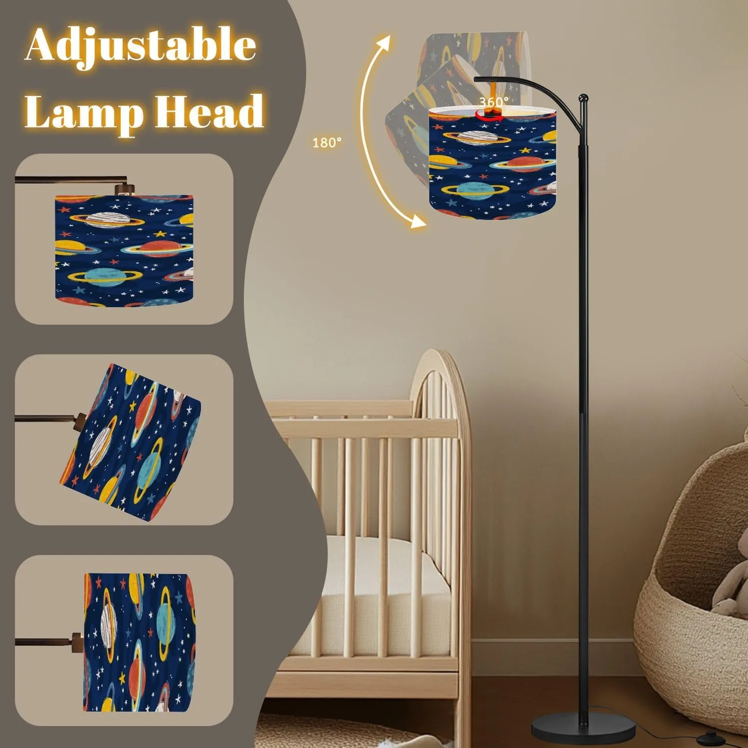 Arc Floor Lamps Space Seamless Pattern Planets Stars Doodle Cartoon Cute Saturn Planet Modern LED Adjustable Lampshade Standing Light for Living Room Reading Bedroom Office